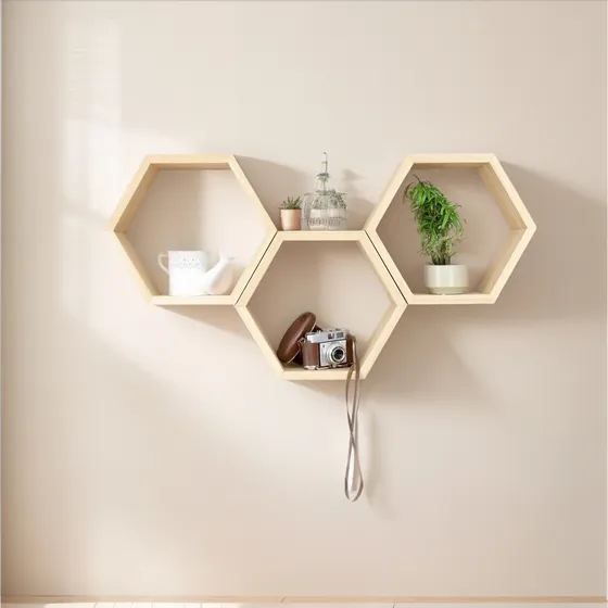 Set De 3 Repisas Hexagonales Decoración Madera Pino Natural