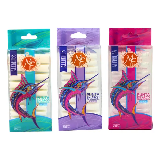 Pack 3 Tips Para Uña Punta Arco Pronunciada 600pzs Mc Nails Color Cristal Blanco Y Natural Punta En Arco Pronunciada