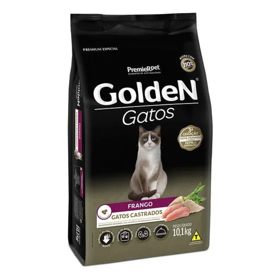 Golden Premium Especial Castrados - Alimento Completo para Gato Adulto Sabor Frango 10,1kg – Saúde e Bem-Estar para Seu Pet!