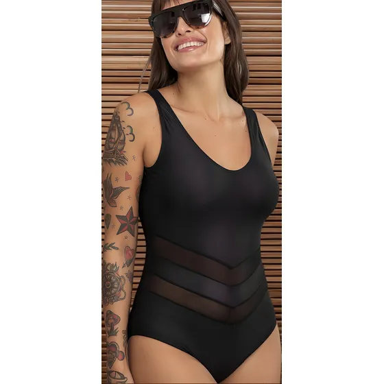 Malla Enteriza Negra C/tul Vedetina Bianca Mare Art. 25219