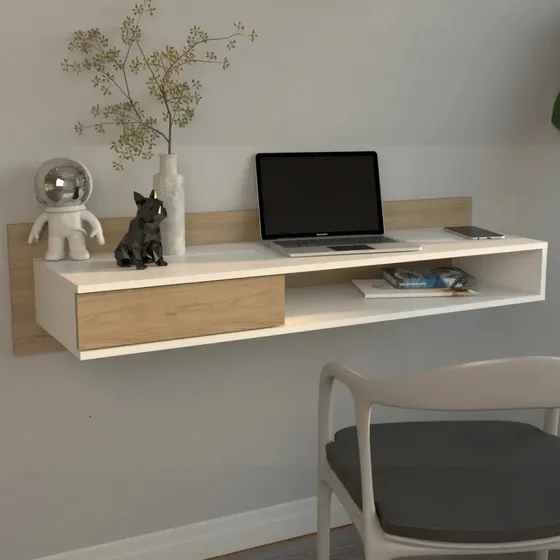 Escritorio Flotante Melamina 116cm Con Cajón Estante