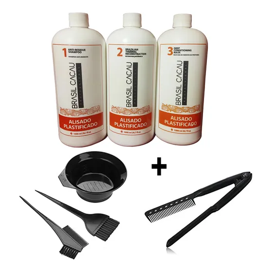 Kit Alisado Brasil Cacau Plastificado 1000ml + Peineta + Kit