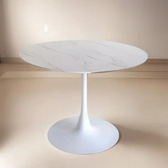 Mesa De Comedor Tulip Mdf Redonda Simil Marmol 100 Cm Simil Marmol Blanco