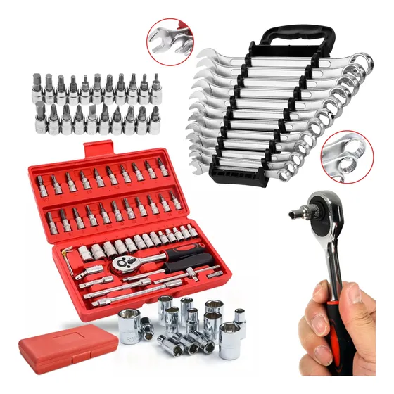 Kit Jogo Soquete E Catraca 45pç + Chave Combinada Boca 12pç