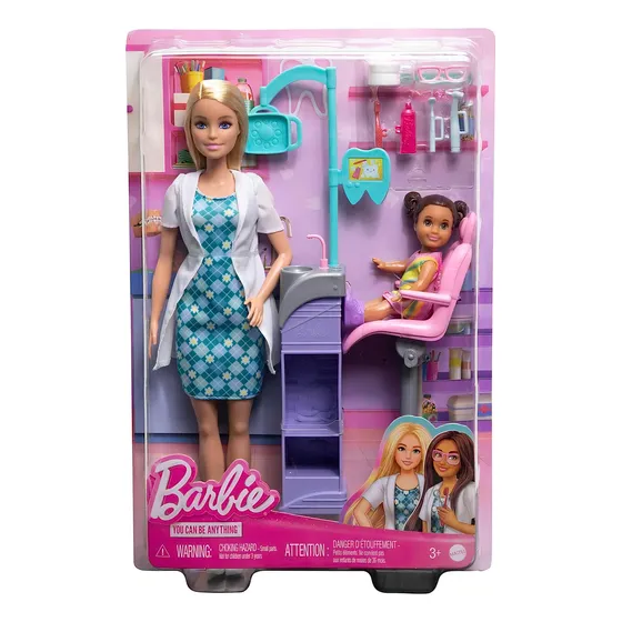 Mattel Barbie HKT69 Profesiones, Set de Juego Dentista, Muñeca con 1 Paciente, Cabello Rubio, para Niñas de 3 Años en Adelante