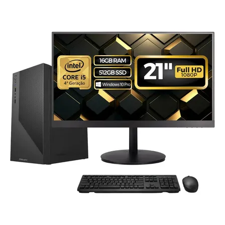 Computador Completo Intel Core i5, 16GB RAM, SSD 512GB, Bivolt, Windows 10 Pro, Preto, Monitor 21.5" Full HD, mouse e teclado - BluePC CD2E-0123TO