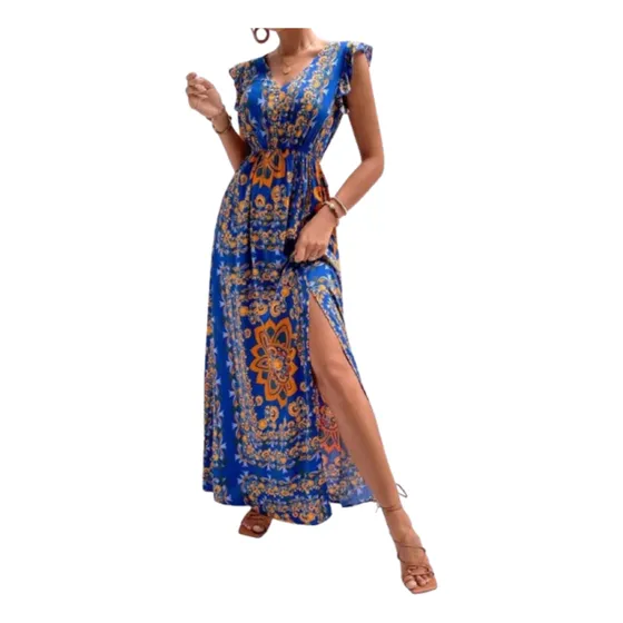 Vestido Azul Con Flores Naranja Manga Mariposa