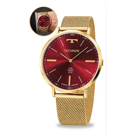 Relógio Technos Masculino Pulso Vidro De Safira Slim Quartz Dourado Vermelho