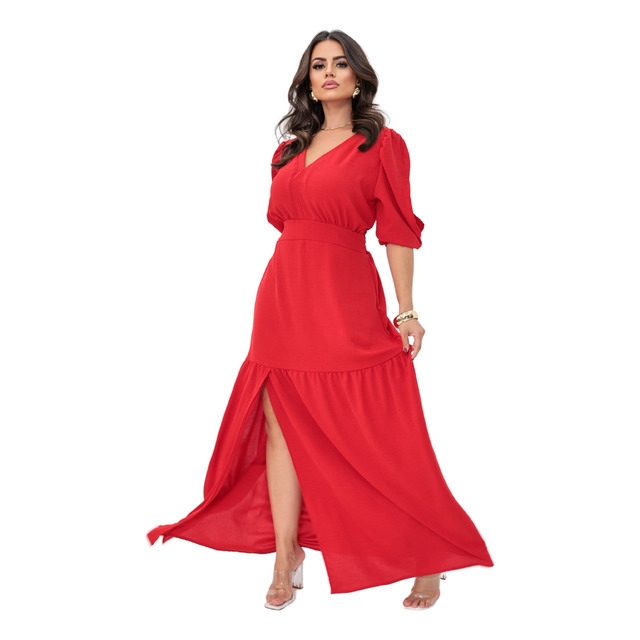 Vestido Longo Princesa Com Fenda Manga 3/4 Elegante Premium Vestido Longo Princesa Com Fenda Manga 3/4 Elegante Premium