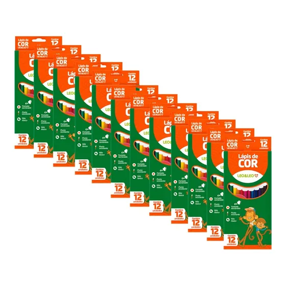 Kit 12 Caixas Lápis De Cor 12 Cores Grande Leonora Atacado