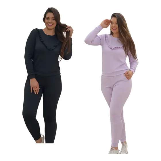 Kit 2 Conjunto Moletom Feminino Blusa E Calça Malha Crepe