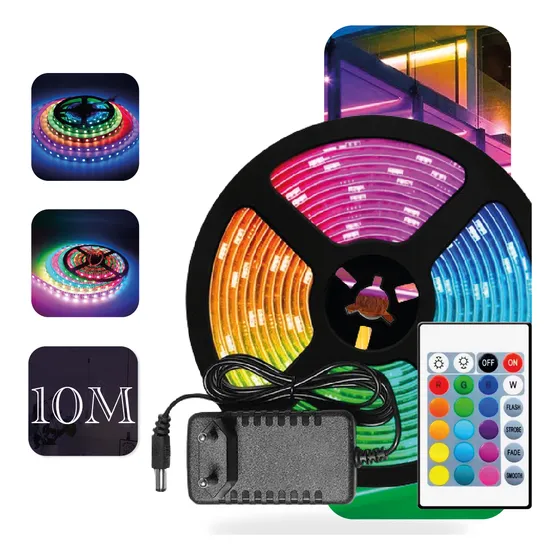 10m Fita Led Rgb 3528 Rolo 5m Ip65 A Prova D'agua + Fonte