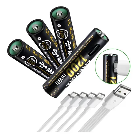 Pacote de 4 pilhas Aaa recarregáveis Znemaz Usb C 1200 mWh 1,5 V, carregamento rápido, alta vida útil, inclui carregador USB C de entrada dupla, ideal para controles e todos os tipos de dispositivos