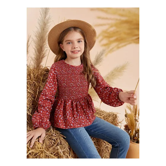 Shein Niñas Camisa Bajo Peplum Floral Con Fruncido De Manga