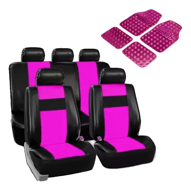 Kit Fundas Asiento Rosa Auto + Cubre Alfombra Metalizada