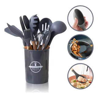 Kit Jogo UtensĂlios Colheres Silicone Madeira 12 Peças Kit Jogo UtensĂlios Colheres Silicone Madeira 12 Peças