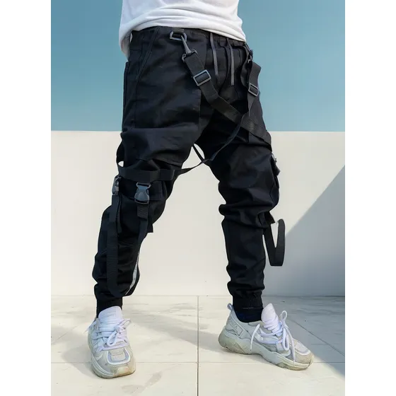 Calça Jogger Cargo Jeans Sarja + Corrente E Suspensorio Junt
