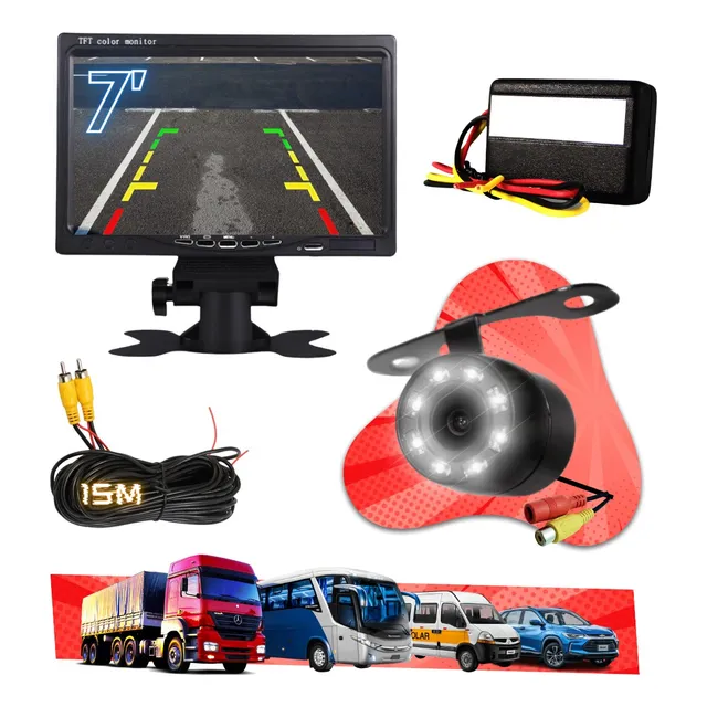 Tela Monitor 7' Kit 24v Caminhão Onibus Câmera 8 Led Cabo 15