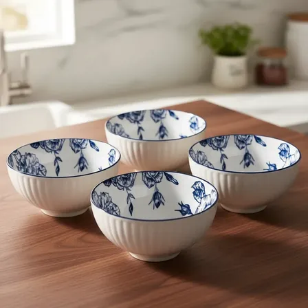Kit 4 Bowls Cumbuca Porcelana Azul Decorada 280ml Sushi Azul