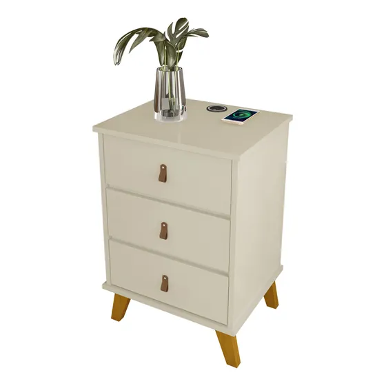 Mesa De Cabeceira 3 Gavetas Com Carregador Inteligente Por Indução Puxador De Couro Cor Off White