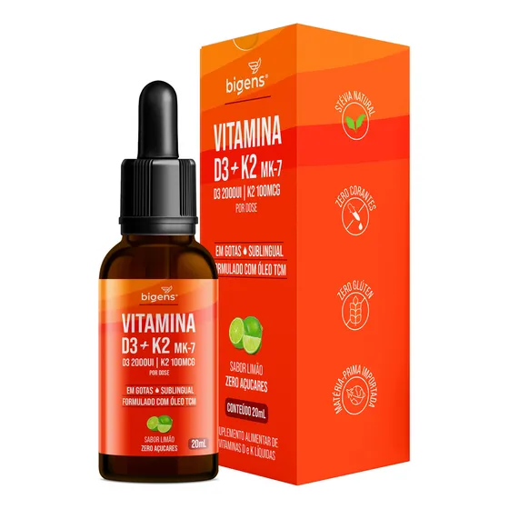 Vitamina D3 + K2 Mk-7, Em Gotas, D3 2000ui | K2 100mcg, Sabor Limão, 20ml, Bigens