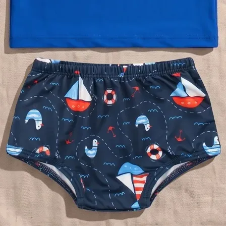 Conjunto Praia Bebê Proteção Uv 50+ Com Forro Menino 3 Peças Azul Marinheiro 3-6 M