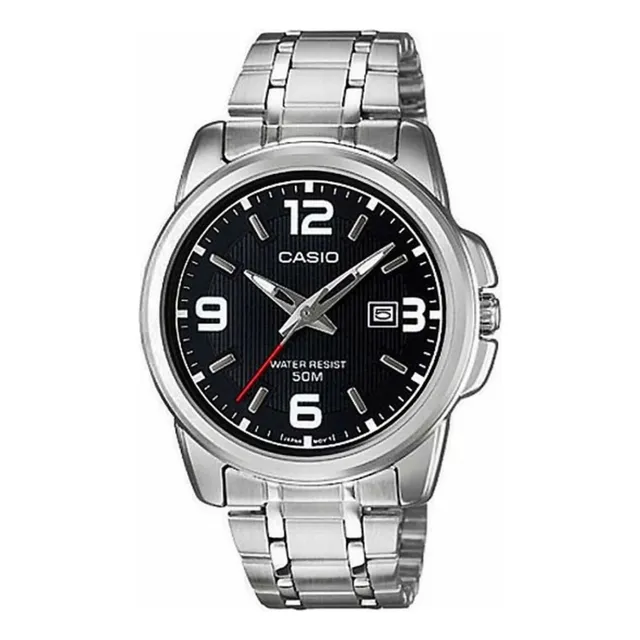 Reloj pulsera Casio MTP-1314 con correa de acero inoxidable color plateado - fondo negro