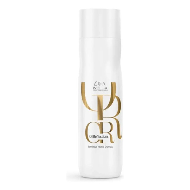 Frasco branco do shampoo Wella Professionals Oil Reflections de 250ml com rótulo dourado