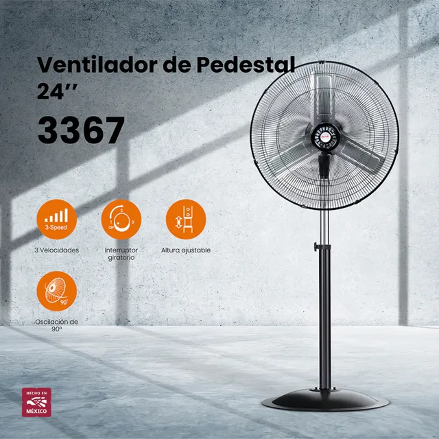 Ventilador Mytek 3367 24", 3 Velocidades Oscilatorio Color de la estructura Negro Color de las aspas Plateadas Diámetro 24 " Frecuencia 60 Hz Material de las aspas Metal
