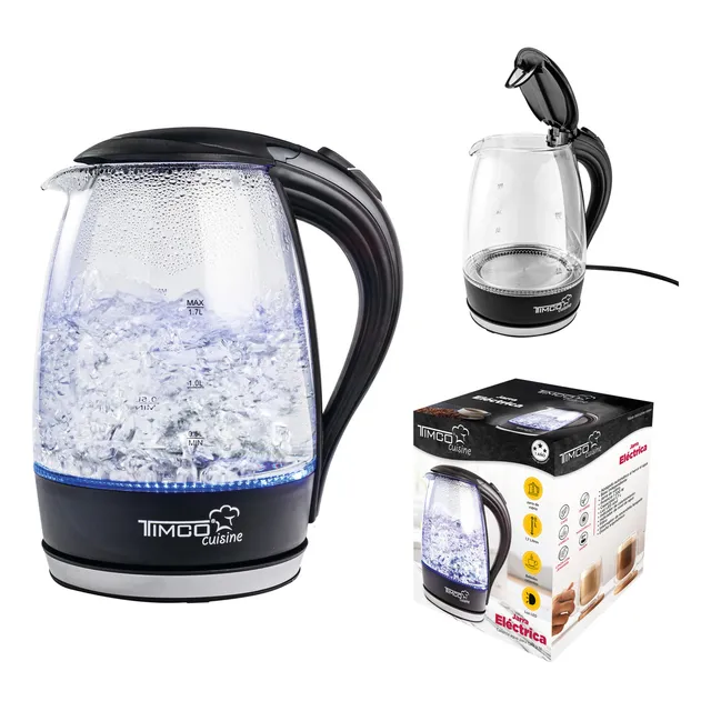 Jarra Eléctrica Timco® Tetera De Vidrio 1.7 Litros Con Luz Led JE-V02 Color Negro
