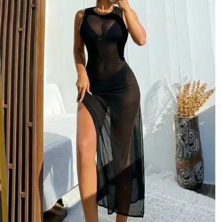 Saída De Praia Vestido Longo Regata Em Tule (estilo Gringa)