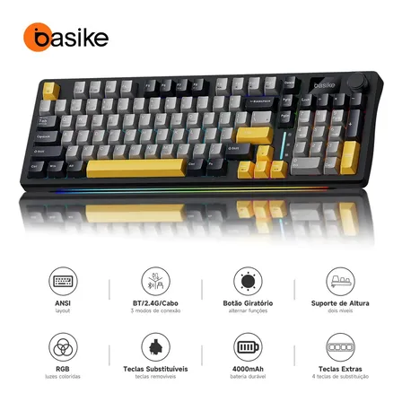 Teclado Mecânico Sem Fio Tri-Mode USB-C/2.4G BT RGB Switch Vermelho Silencioso Hot-Swap 96 Teclas Compacto com Teclado Numérico Bateria 4000mAh266h AntiGhost Para PC Gamer Escritório Mac Windows Linux