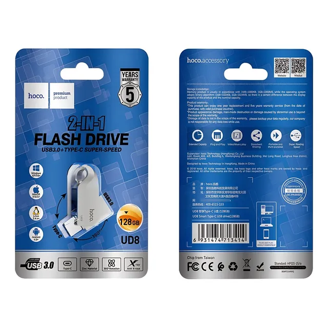 Pendrive Dual Usb 3.0 Tipo C 128 Gb Gris