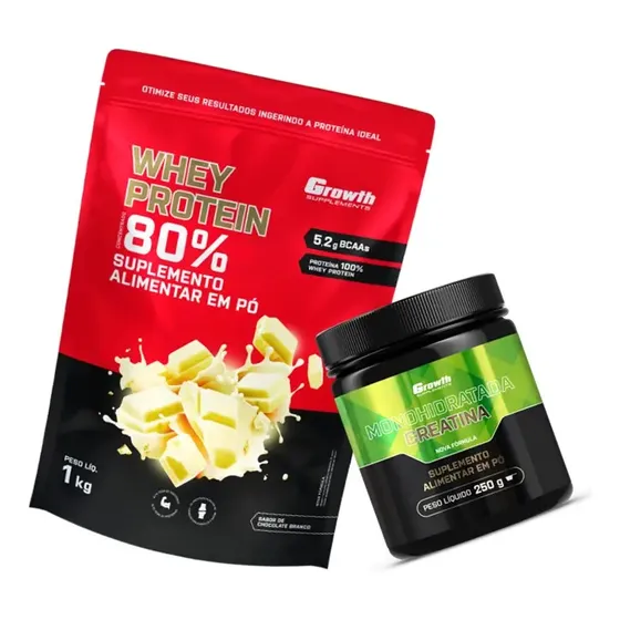 Kit Growth: Whey Concentrado Chocolate Branco 1kg + Creatina Monohidratada Sem Sabor 250g