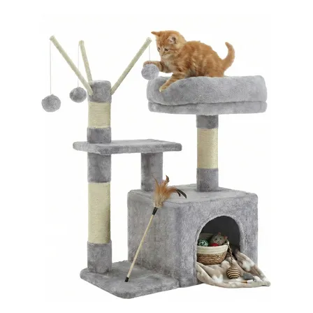 Arranhador Para Gatos Pequeno, Casa De Gato Com 3 Pompons Cinza