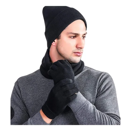 Set X3 Gorro Lana + Guantes + Cuello Bufanda Hombre 