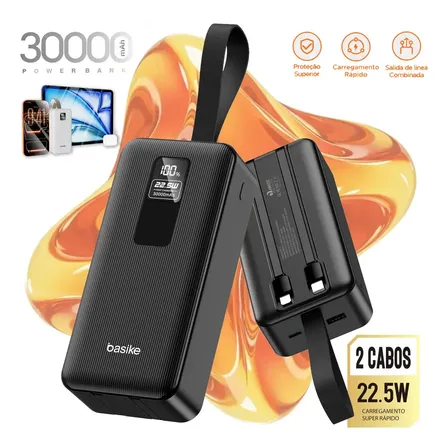 Power Bank 30000mah Carregador Portátil Turbo Rápido 22.5w Display Digital Carregador Portátil De 30.000 Mah Com Cabo Integrado E Carga Turbo Para Celular Corpreto