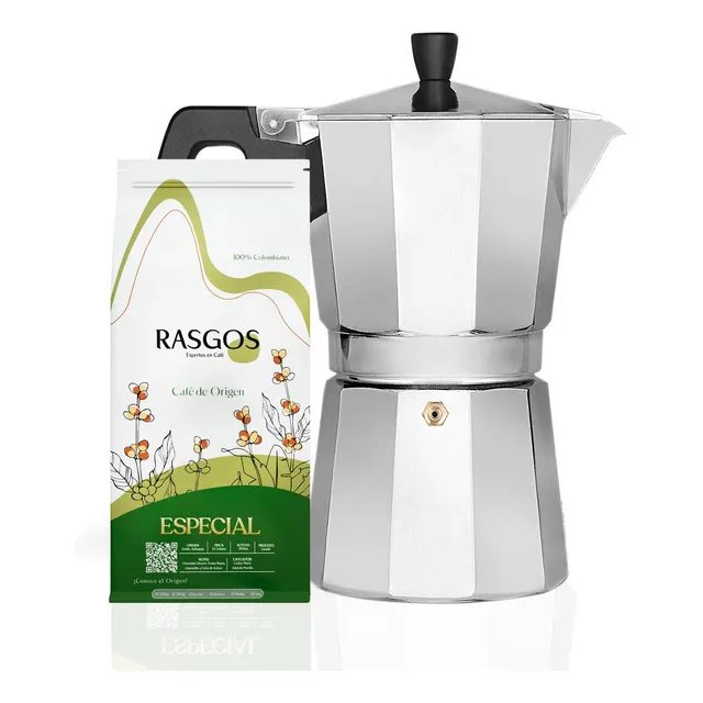 Kit Cafetera Italiana Moka + Cafe Especial Molido En Grano