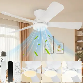 Ventilador de Teto 42" Com Luz LED, 5 Pás, Motor Silencioso e Controle Remoto Para Sala ou Quarto Branco