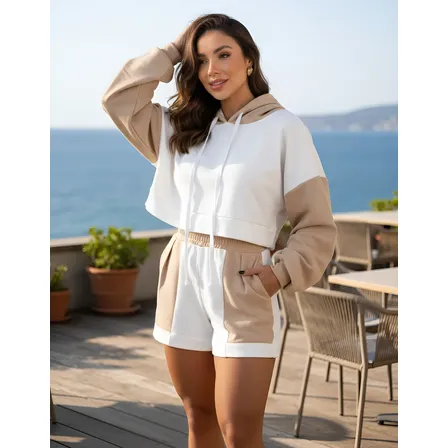Conjunto Moletinho Short E Cropped Manga Longa Com Capuz