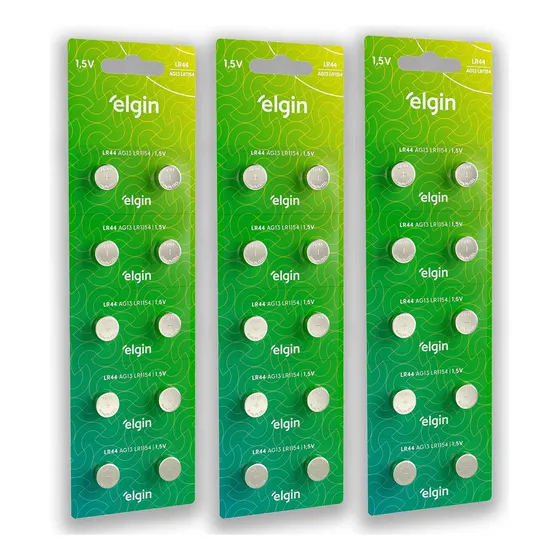 30 Pilhas Baterias Lr44 A76 Ag13 Alcalina Elgin- 03 Cartelas