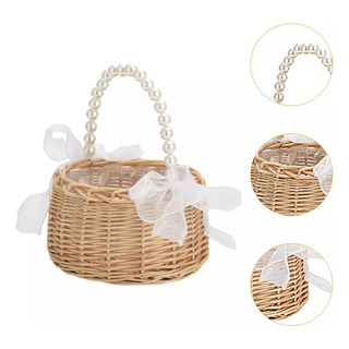 Cesta De Flores Portátil De Ratán Decorada Con Perlas Cesta De Flores Portátil De Ratán Decorada Con Perlas