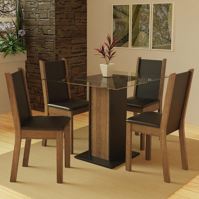 Sala De Jantar Madesa Aline Mesa Tampo De Vidro 4 Cadeiras Cor Preto/rustic Mdja040102d8pt Sala De Jantar Madesa Aline Mesa Tampo De Vidro 4 Cadeiras Cor Preto/rustic Mdja040102d8pt