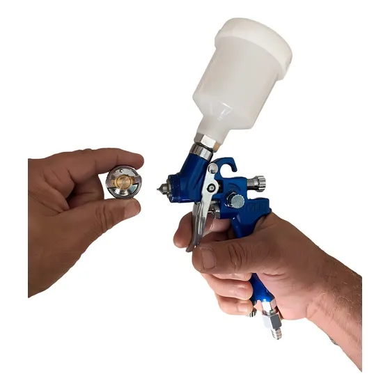 Pistola Para Retoque Hvlp Pequena Bico 0,8mm 125ml Gravidade Cor Azul