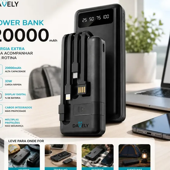Carregador Portátil Power Bank de 20.000mah para Celular com 4 Cabos Integrados e Suporte Retrátil C