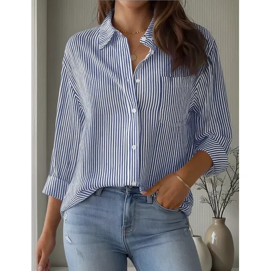 Camisa De Trabajo Clásica De Manga Larga A Rayas Con Bolsill