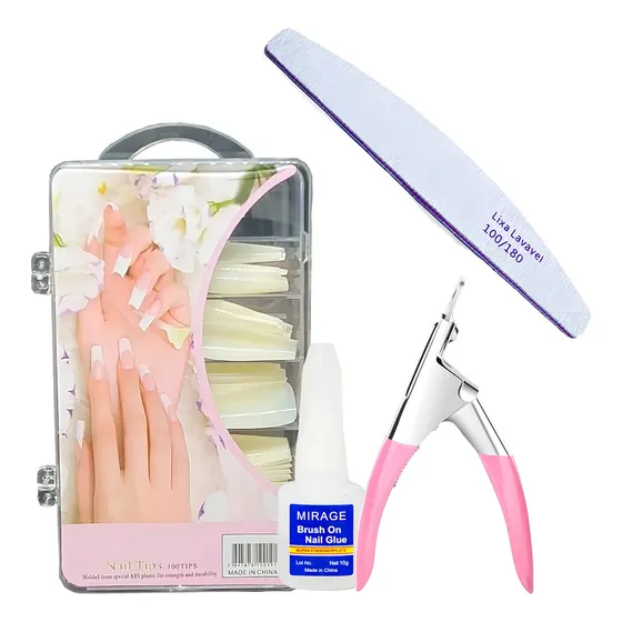 Kit 100 Unhas Tips Realista P/ Alongamento + Cola + Cortador