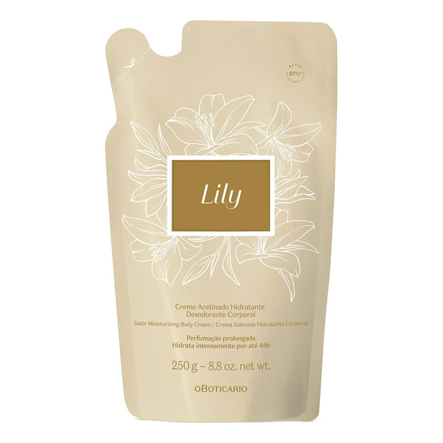 Embalagem refil do creme acetinado hidratante Lily O Boticário de 250g em tom bege com estampa de flores brancas