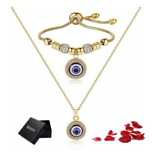 Collar Y Pulsera Ojo Turco De Acero Inoxidable Para Mujer Collar Y Pulsera Ojo Turco De Acero Inoxidable Para Mujer