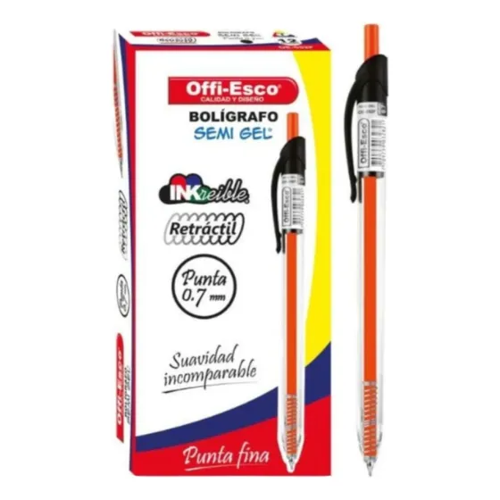 Caja X12 Boligrafos Semi Gel 0.7 Oe-052f Rt Negro Offi-esco Exterior Transparente